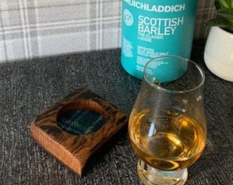 Perfect Whisky Gift, Oak WHISKY COASTER made from genuine Whisky Staves - Glencairn Glass Option, Choice of Harris Tweed® Insert
