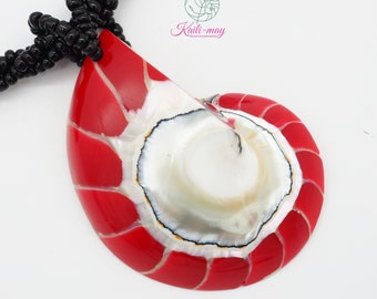 Red, white Pearl Nautilus Shell Handmade Pendant Necklace in Half Cut.
