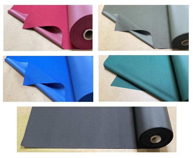 May include: Four rolls of fabric in different colors: red, blue, green, and gray. The fabric is folded and rolled up.