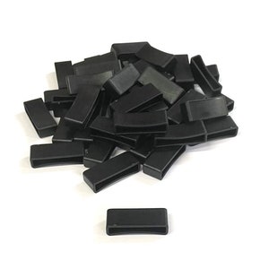 May include: A pile of black plastic watch strap keepers. The keepers are rectangular and have a smooth surface. There is one keeper in the foreground, isolated from the pile.