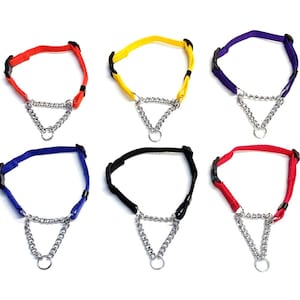 May include: Six dog collars with a chain link design. The collars are available in red, yellow, blue, black, and purple.