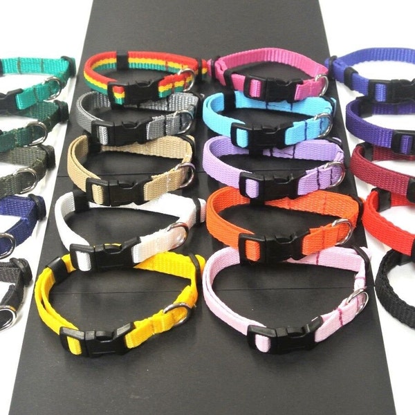 Puppy Dog Collar Adjustable Strong Durable X Small & Small 13mm Webbing In 19 Colours For Puppies Or Small Dogs