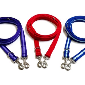 May include: Three dog leads with double clips. The leads are red, blue and purple with white stripes.