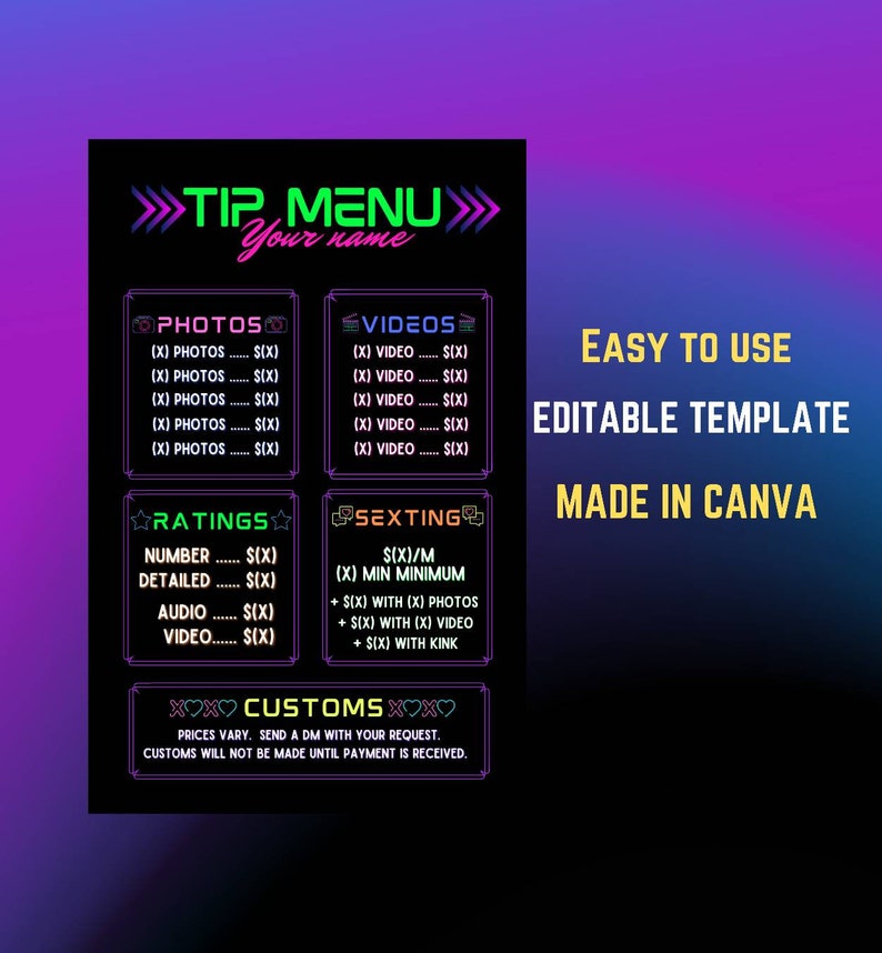 Editable Tip Menu Template for Onlyfans Fansly and All Other Etsy UK