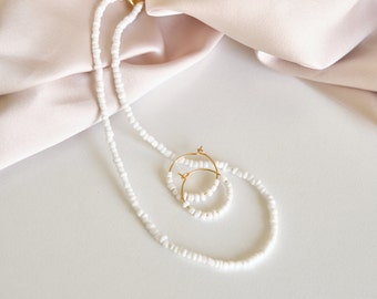 Set of Delicate White Beads Necklace and Hoop Earrings | Silver and Gold