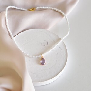 Beaded Necklace with Water Drop Crystal Glass Pendant Lilac