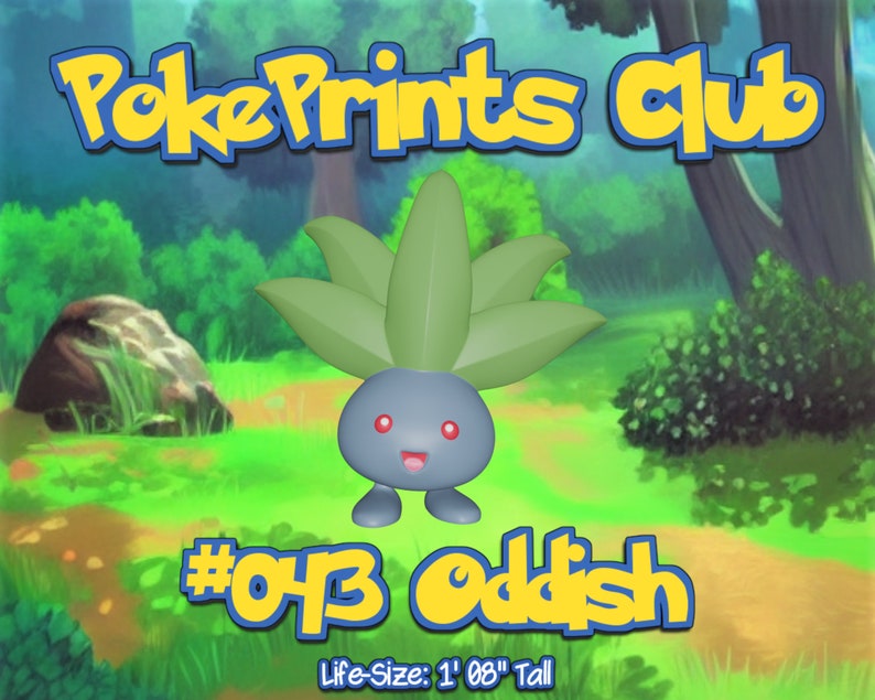 Op de afbeelding: Een cartoonillustratie van Oddish, een groene en paarse Pok&eacute;mon met een vrolijk gezicht, tegen een groene en bruine bosachtergrond. De tekst "PokePrints Club #043 Oddish Life-Size: 1' 08" Tall" staat onder de Pok&eacute;mon.