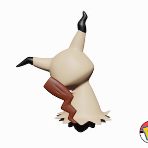 May include: A 3D-rendered Mimikyu Pok&eacute;mon figure. The figure is mainly beige with black accents on its ears and a brown, lightning-bolt-shaped tail. The figure is posed in a dynamic, upright position against a white background.
