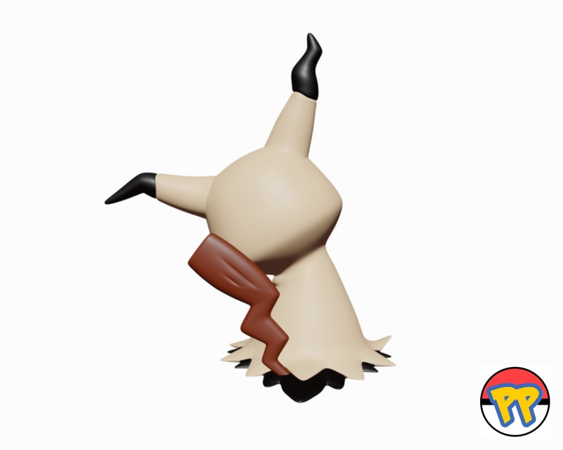 May include: A 3D-rendered Mimikyu Pok&eacute;mon figure. The figure is mainly beige with black accents on its ears and a brown, lightning-bolt-shaped tail. The figure is posed in a dynamic, upright position against a white background.