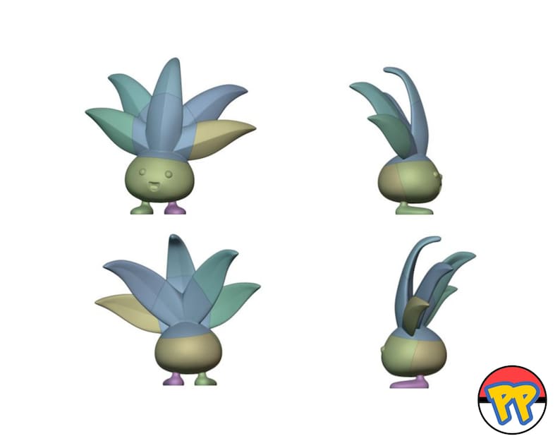 Op de afbeelding: Een 3D-model van een groen en blauw Pok&eacute;mon-personage met een stekelig, bladerig hoofd. Het personage heeft een rond lichaam en kleine benen. Het model wordt vanuit vier verschillende hoeken getoond.