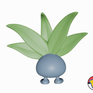 Op de afbeelding: Een blauw en groen 3D-model van een Pok&eacute;mon-personage met een rond lichaam en vijf groene bladeren op zijn hoofd. Het personage staat op twee kleine benen.