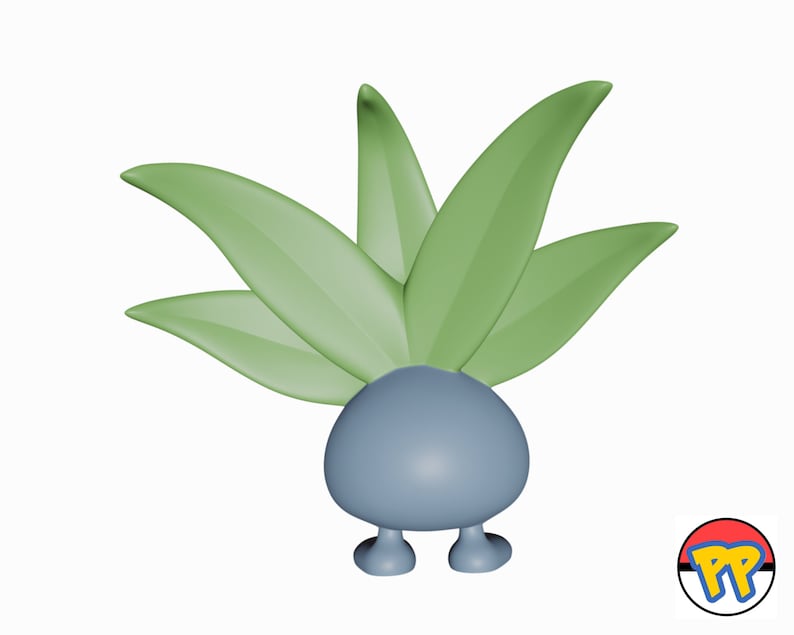 Op de afbeelding: Een blauw en groen 3D-model van een Pok&eacute;mon-personage met een rond lichaam en vijf groene bladeren op zijn hoofd. Het personage staat op twee kleine benen.
