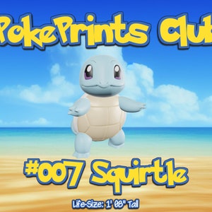 May include: A blue and white Squirtle Pokemon figurine from the PokePrints Club. The figurine is standing on a beach with a blue sky and ocean in the background. The text #007 Squirtle is below the figurine. The text Life-Size: 1' 08" Tall is below the Pokemon's name.