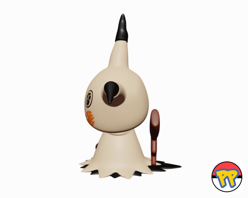 May include: A beige Mimikyu figure with black details and a black pointed top. The figure has a small, brown, stick-like object attached to its side. The figure has a small orange and black design on its face. A Pokemon logo is in the bottom right corner.