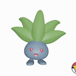 Op de afbeelding: Een blauw en groen cartoonfiguur met een gelukkige uitdrukking. Het figuur heeft een groot hoofd met rode ogen en een brede glimlach. Het heeft een groen, bladerig hoofd en vier kleine poten.