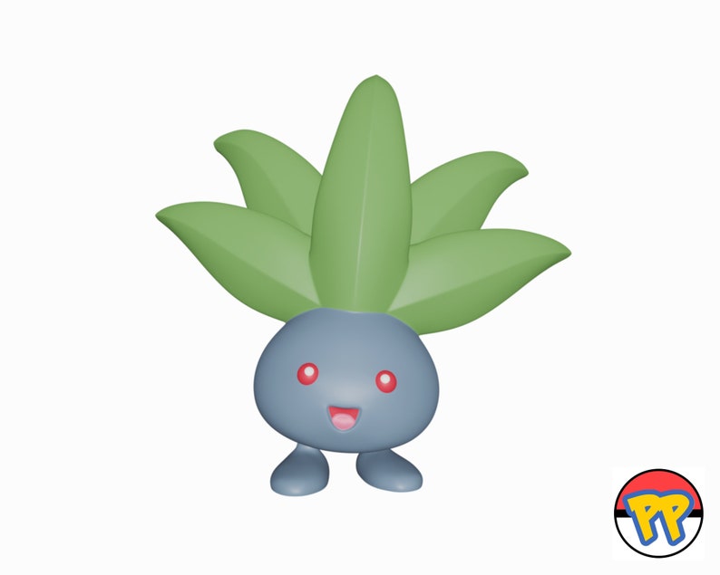 Op de afbeelding: Een blauw en groen cartoonfiguur met een gelukkige uitdrukking. Het figuur heeft een groot hoofd met rode ogen en een brede glimlach. Het heeft een groen, bladerig hoofd en vier kleine poten.