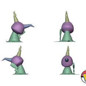 May include: Four views of a 3D-rendered cartoon character. The character has a purple head, a light green body, and a yellow horn. The character has blue arms and a light green base. The character is set against a white background.