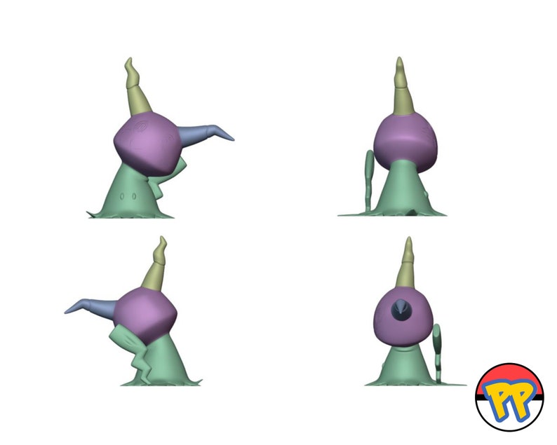 May include: Four views of a 3D-rendered cartoon character. The character has a purple head, a light green body, and a yellow horn. The character has blue arms and a light green base. The character is set against a white background.