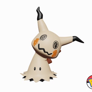 May include: A beige Mimikyu figurine with black accents on its ears and head. The figurine has a drawn-on face with black eyes and a jagged mouth. Orange cheek markings are visible. A small red bow is around its neck. The figurine is a Pokemon character.