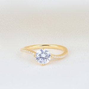 14K Yellow Gold Moissanite Engagement Ring: Cross Band, 1.50 CT Round