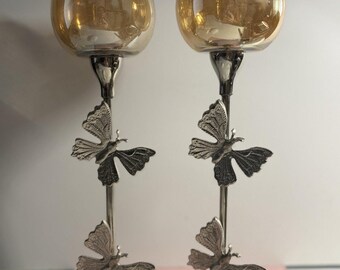 Amber Glass Butterfly Candle Holders Pair Set of 2