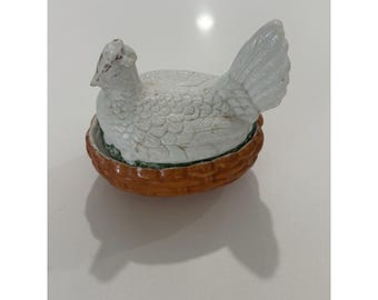 Vintage Ceramic Hen on Nest Covered Dish White