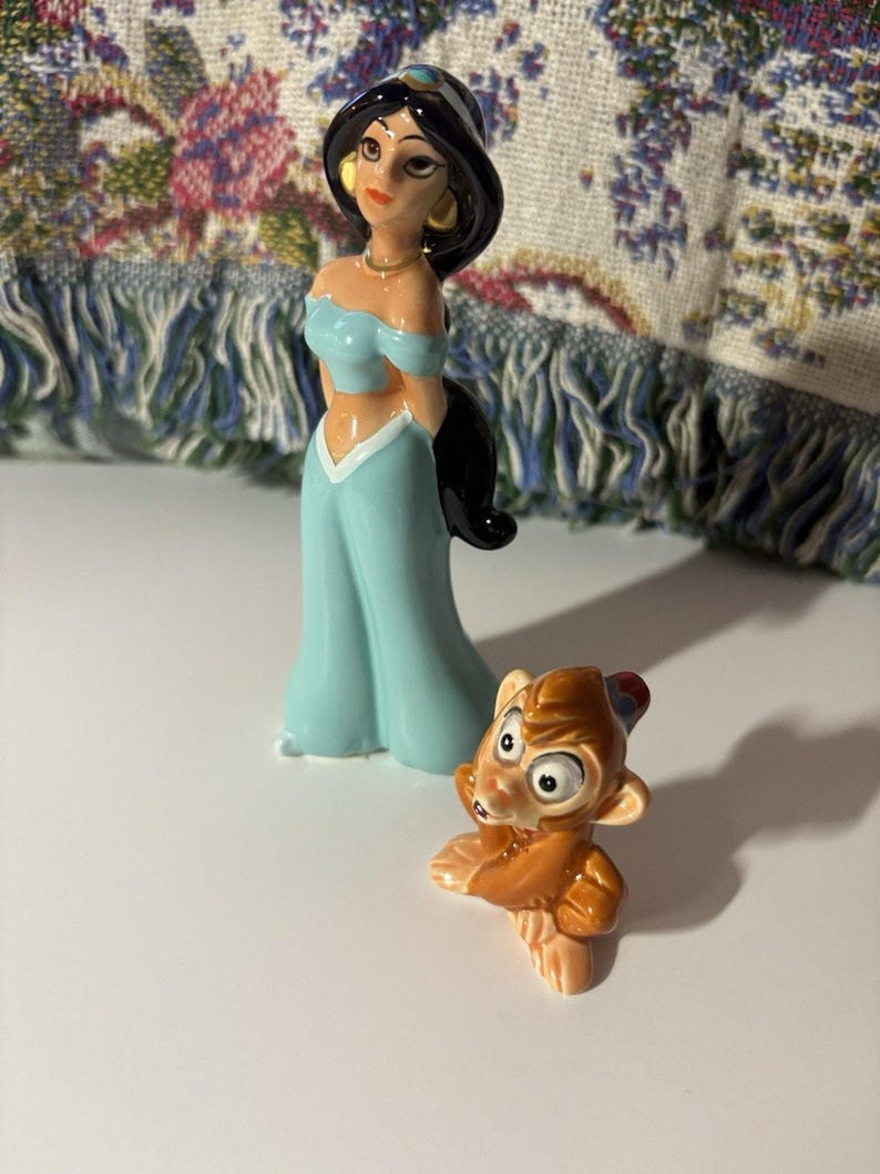 Vintage Disney Aladdin Figurines Princess Jasmine & Abu Ceramic Set