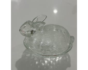 VTG Pink Glass Bunny On Basket Nest Covered Trinket Dish Easter Spring Excellent