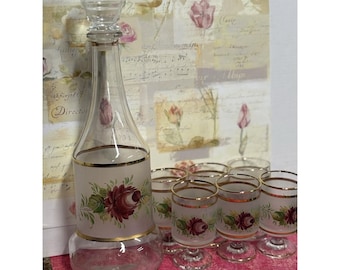 クリスタレリー社製、手描きのガラス製デカンタセット。おそらくイタリア製、1960年代頃。