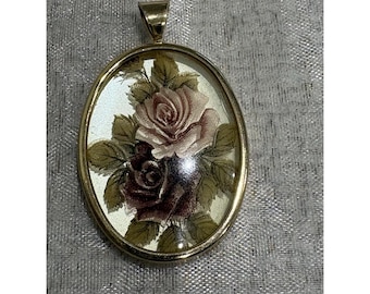 Vintage bloemen camee hanger goudkleurige ovale roos Cottagecore sieraden