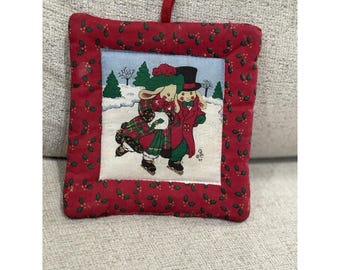 Vintage Weihnachtshäschen Schlittschuhlaufen Topflappen