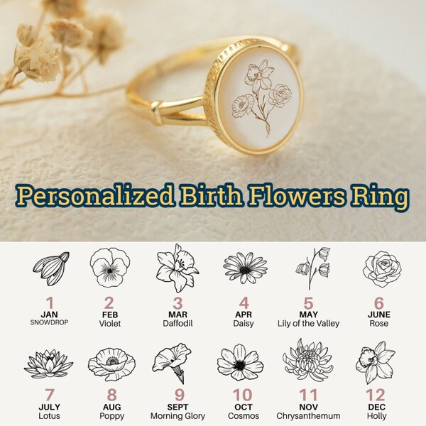 Personalized Birth Flower Ring, Family Ring, Birthday Gift, Christmas Gift, Custom Ring with Engraved Flowers, Handmade Friendship Ring