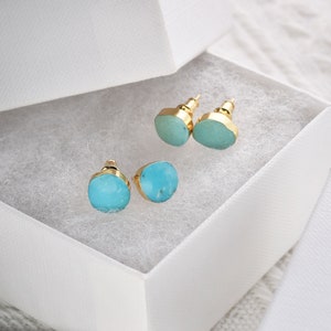 Turquoise Earrings,18K Gold Earrings,Raw Gemstone Studs,December Birthstone,Best Friend Gifts,Gift for Mom,Tiny Stud Earrings,Boho Jewelry