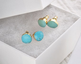 Turquoise Earrings,18K Gold Earrings,Raw Gemstone Studs,December Birthstone,Best Friend Gifts,Gift for Mom,Tiny Stud Earrings,Boho Jewelry