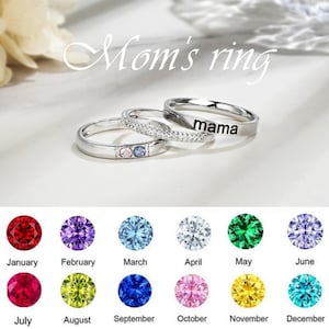 Birthstone Mother's Day Gift, Personalized 1-7 Birthstones, Birthday Gift For Her, Mama & Kids' Birthstones Personalized Stackable Ring Set