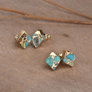 Turquoise Geometric Earrings, Gold Earring,Raw Turquoise Earring, Blue Stone Earrings, Gold Stud Earrings,Diamond Earrings,Women Earrings