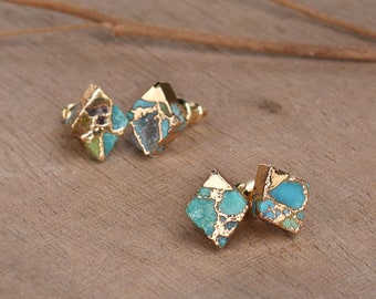 Turquoise Geometric Earrings, Gold Earring,Raw Turquoise Earring, Blue Stone Earrings, Gold Stud Earrings,Diamond Earrings,Women Earrings