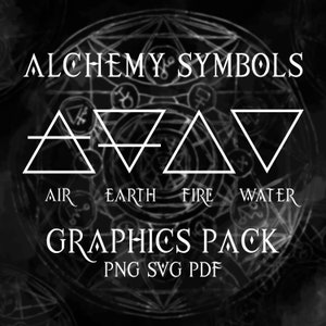 May include: Black and white graphic design of four alchemy symbols representing air, earth, fire, and water. The symbols are set against a black background with a white circle and a white inscription that reads "Alchemy Symbols" and "Graphics Pack PNG SVG PDF".