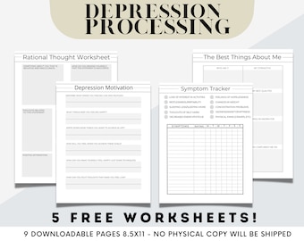 Depression Therapy Journal Worksheets, Digital Mental Health Pages, Daily Self-Care, OCD, Anxiety, and Emotion List, Value List, and Prompts