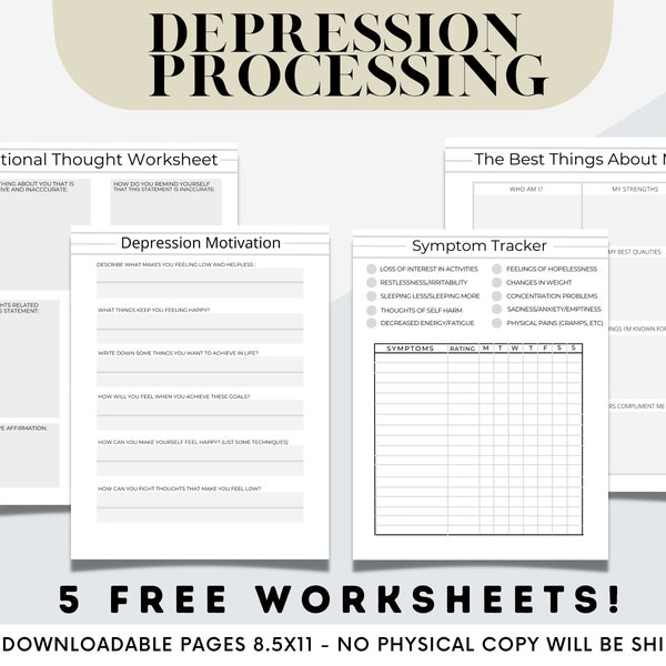 Depression Therapy Journal Worksheets, Digital Mental Health Pages, Daily Self-Care, OCD, Anxiety, and Emotion List, Value List, and Prompts