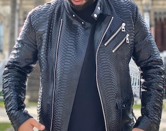 Italian Python Leather Biker Jacket: Custom Initials, Designer Style