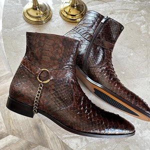 Handmade Genuine Python Leather Men&#39;s Boots with Chains - Custom Size