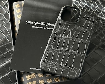 Black Alligator Leather iPhone Case: Magsafe, Custom Initials