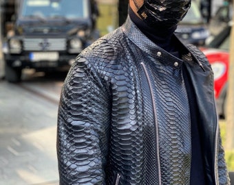 Italian Python Leather Biker Jacket: Custom Initials, Luxury Design