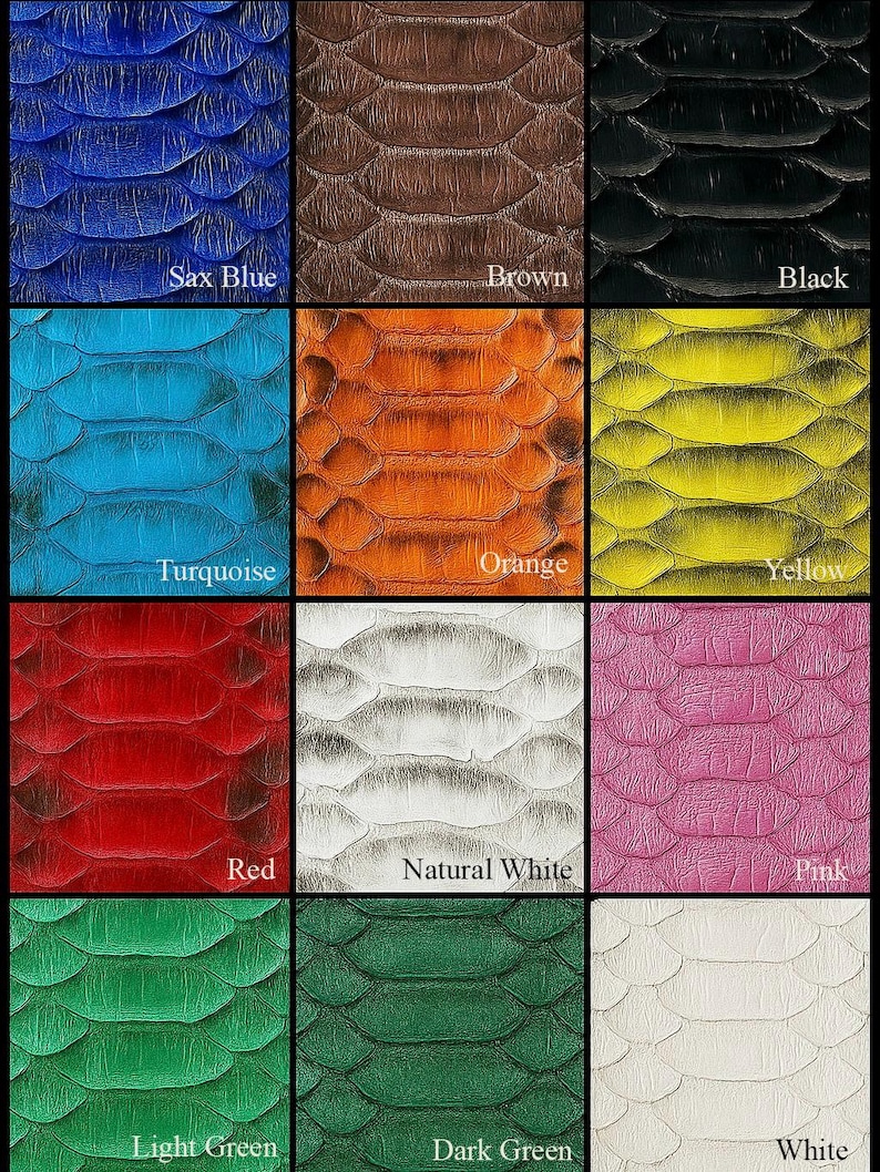 May include: A grid of textured leather swatches in various colors. Colors include Sax Blue, Brown, Black, Turquoise, Orange, Yellow, Red, Natural White, Pink, Light Green, Dark Green, and White. Each swatch has a scale-like pattern.