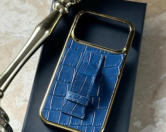 Crocodile Embossed Leather iPhone 17 Case with Strap - Personalized