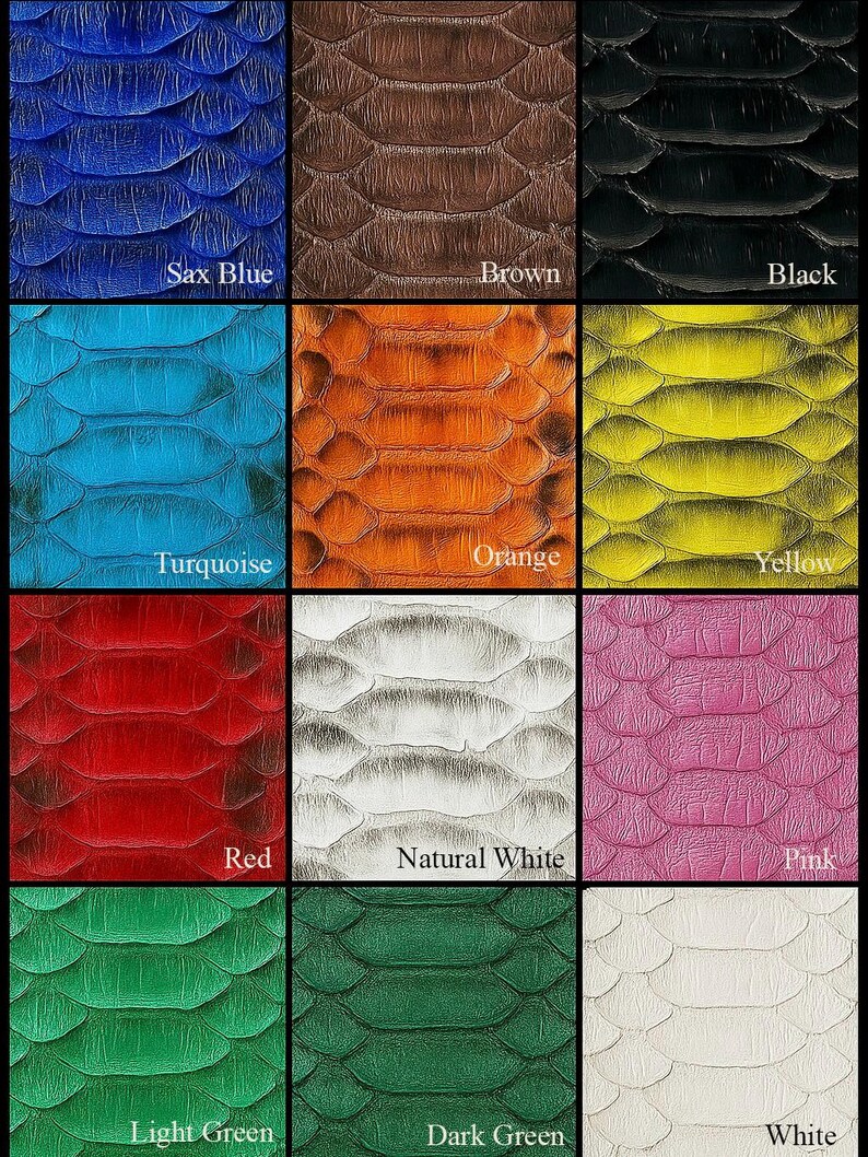 May include: A grid of textured leather swatches in various colors. Colors include Sax Blue, Brown, Black, Turquoise, Orange, Yellow, Red, Natural White, Pink, Light Green, Dark Green, and White. Each swatch has a scale-like pattern.