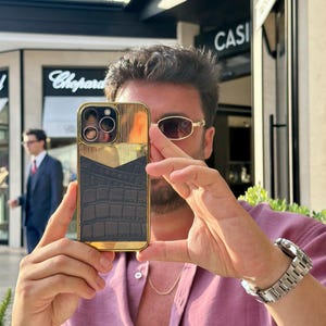 24k Gold Plated Leather Design iPhone 17 16 15 14 13 Pro & Pro Max Case , Gold iPhone Case , iPhone 17 Pro Max Custom Gold Case , Designer