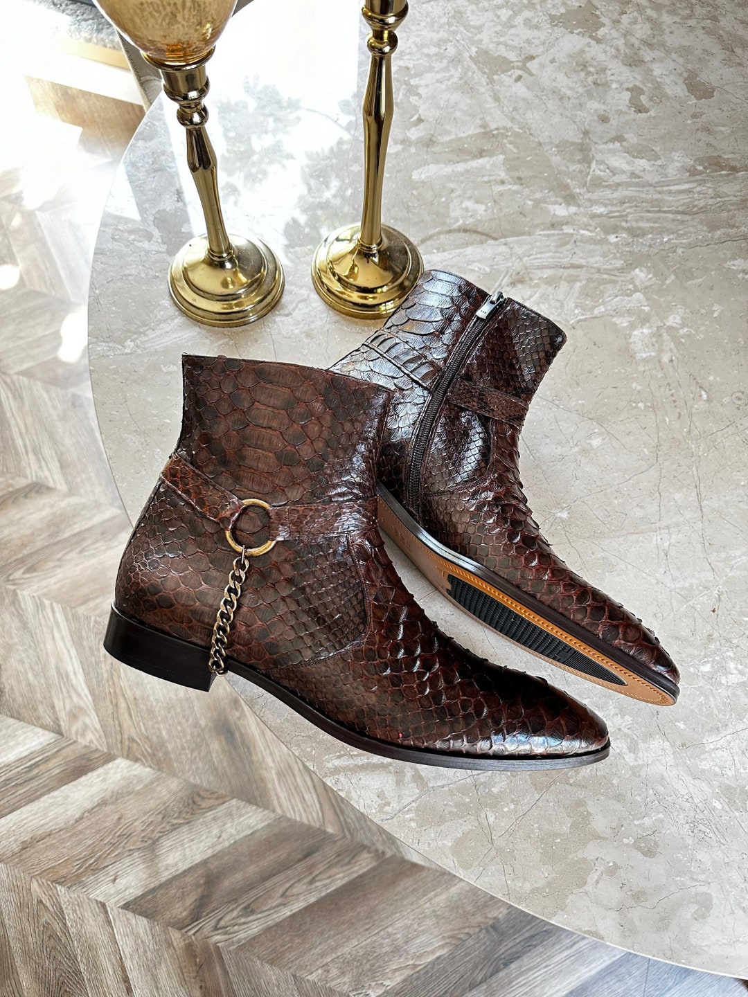 Handmade Genuine Python Leather Men's Boots With Chains - Custom