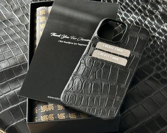 Black Alligator Leather iPhone Case with Cardholder - Custom Initials
